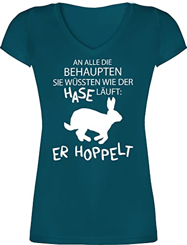 T-Shirt Damen V Ausschnitt - Oster Outfit - Der Hase hoppelt läuft - 3XL - Türkis - ostershirt osterüberraschungen Hasen Shirt Frauen ostergeschenke Erwachsene Ostern hasenmotiv Tshirt von Shirtracer