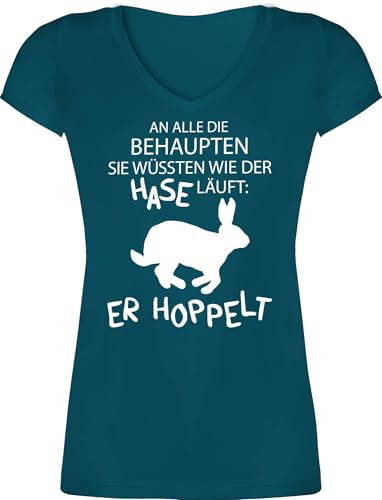 T-Shirt Damen V Ausschnitt - An alle die wissen wie der Hase läuft er hoppelt I Hase hoppelt I Osterhase I Oster Hase - XXL - Türkis - osterhasen OSTE Tshirt Hasen Bunny Shirt hasenmotiv hopelt von Shirtracer