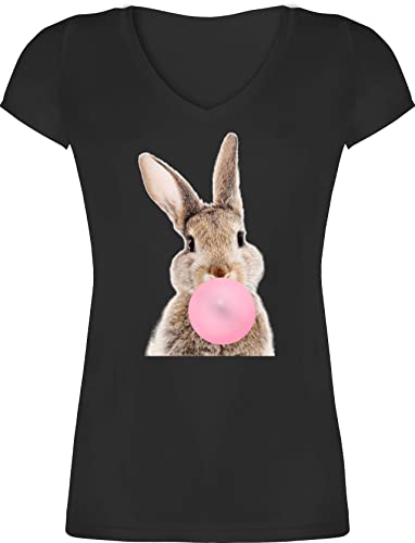T-Shirt Damen V Ausschnitt - Hase Kaugummi I - XL - Schwarz - osterhasen hasi Shirt Osterhase Hasen t-Shirts hasenmotiv Ostern￼ t häschen mit Motiv von Shirtracer