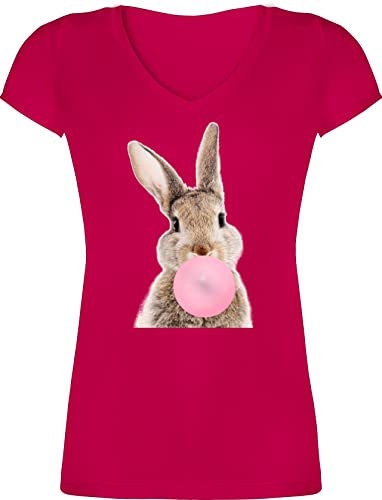 T-Shirt Damen V Ausschnitt - Hase Kaugummi I - XS - Fuchsia - osterhasen hasi Shirt Osterhase Hasen t-Shirts hasenmotiv Ostern￼ t häschen mit Motiv von Shirtracer