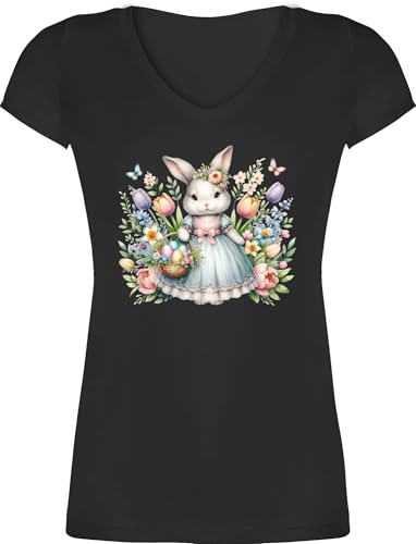 T-Shirt Damen V Ausschnitt - Oster Outfit - Süßes Hasenmädchen I Häschen Niedliches Hasenbild I Osterhase I Hasenmotiv - 3XL - Schwarz - ostergeschenke Erwachsene Ostern süß Tshirt von Shirtracer