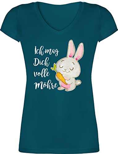 T-Shirt Damen V Ausschnitt - Pärchen - Ich mag Dich volle Möhre Hase I - XS - Türkis - ostergeschenke Erwachsene Partner Oberteile Paar Oster Tshirt ostershirt Valentinstag Hasen Shirt Ostern von Shirtracer