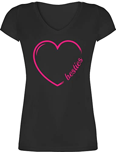 T-Shirt Damen V Ausschnitt - Partner-Look Freundinnen - Besties Herz Fuchsia - XL - Schwarz - t Shirt Partner Look Bestie Tshirt Partnerlook Friends Shirts Freundin Best t-Shirts Matching Beste von Shirtracer