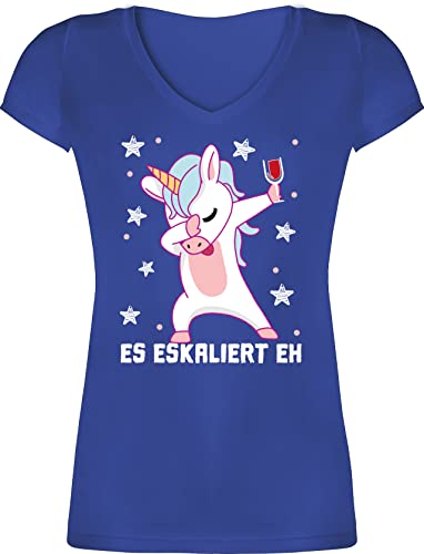 T-Shirt Damen V Ausschnitt - & Alkohol - Es eskaliert eh Festival Saufi Party Malle Lustig - XS - Blau - t - Shirt Tshirt tailliert sprüche polter t- Shirts Sauf+t-Shirt+Damen Mallorca von Shirtracer