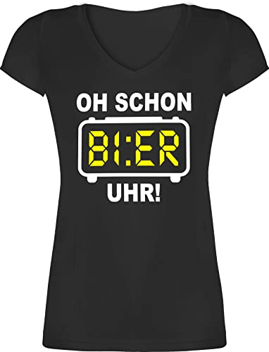 T-Shirt Damen V Ausschnitt - Party & Alkohol - Oh Schon Bier Uhr! Weiß - L - Schwarz - Shirt Frauen Tshirt sprüche Shirts t t-Shirts Tshirts saufshirt Trink Uhr leiberl trinkshirt trinksprüche von Shirtracer