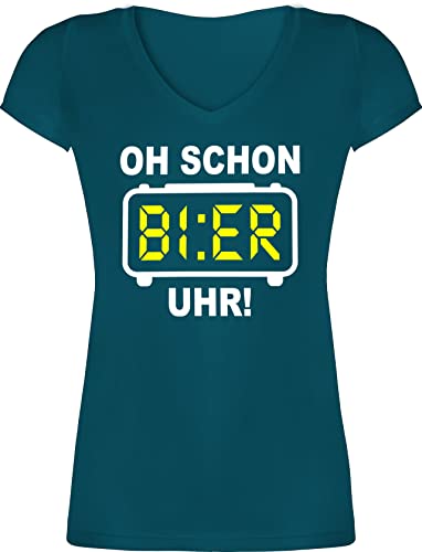 T-Shirt Damen V Ausschnitt - Party & Alkohol - Oh Schon Bier Uhr! Weiß - S - Türkis - sprüche Trinken Shirt Frauen Tshirt saufgeschenk t tailliert trinkspruch t-Shirts Oberteile Shirts Tshirts von Shirtracer