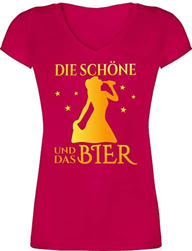 T-Shirt Damen V Ausschnitt - Party & Alkohol - Die schöne und das Bier trinkende Frau Bier gelb - L - Fuchsia - Frauen Tshirt Sauf-Shirts Trinken Shirt saufshirt trinkspruch Tshirts sprüche Feier von Shirtracer