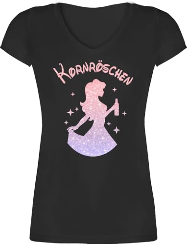 T-Shirt Damen V Ausschnitt - Party & Alkohol - Kornröschen I Korn Liebhaberin I Korn Röschen Saufprinzessin - XS - Schwarz - Tshirt mit saufspruch Sauf-Shirts Sauf saufi t-Shirts sprüche Saufen von Shirtracer