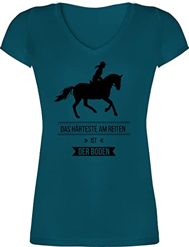 T-Shirt Damen V Ausschnitt - Pferde - Das Härteste am Reiten ist der Boden - L - Türkis - Reiterin Geschenk sprüche mit für mädchen Frauen Reiter Pferd Sachen zubehöhr zum pferdefan Erwachsene von Shirtracer