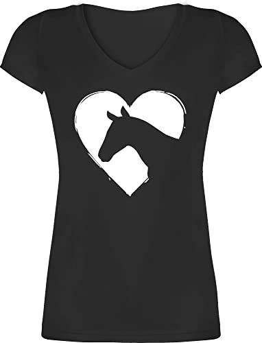 T-Shirt Damen V Ausschnitt - Pferde - Herz mit Pferdekopf - XL - Schwarz - Reiter Geschenk Pferd pferden reiten pferdespruch Geschenke zum Frauen Reiterin pferdefreund Erwachsene zubehöhr von Shirtracer