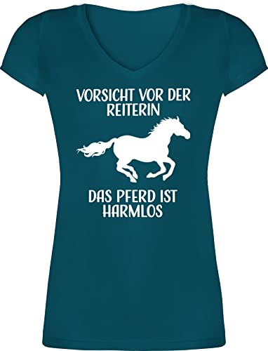 T-Shirt Damen V Ausschnitt - Pferde - Vorsicht vor der Reiterin - Das Pferd ist Harmlos - weiß - M - Türkis - Reiter Geschenk sprüche Geschenke mit zubehör für mädchen Schrift über Frauen von Shirtracer