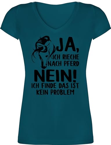 T-Shirt Damen V Ausschnitt - Pferde - Ja, ich rieche nach Pferd - Nein! Ich finde das ist kein Problem - schwarz - L - Türkis - reitsachen Geschenk Reiterin sprüche Reiter und Mode Schrift über von Shirtracer