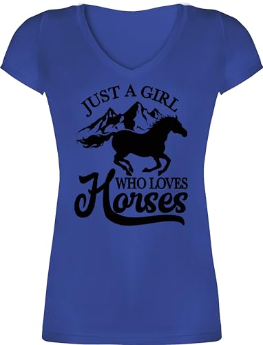 T-Shirt Damen V Ausschnitt - Pferde - Just a Girl who Loves Horses I Pferdeliebe Geschenk Pferdemädchen - XS - Blau - Pferde-Shirt pferdeliebhaber Pferd Shirt sprüche Tshirt reiten pferdespruch von Shirtracer