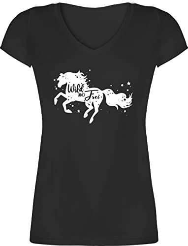 T-Shirt Damen V Ausschnitt - Pferde - Wild und Frei Pferdemotiv - XS - Schwarz - pferdeshirts Pferde-Shirt pferdeliebhaber Tshirt Reiter Oberteile sprüche Pferd Shirt reitoberteile reiten Kurzarm von Shirtracer