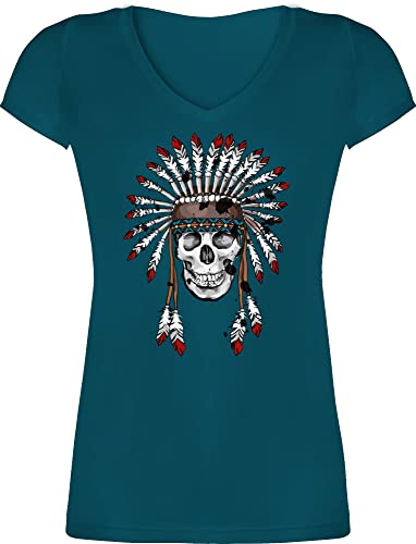 T-Shirt Damen V Ausschnitt - Piraten & - Totenkopf Häuptling - grau - XXL - Türkis - Totenkopf, totenköpfe Tshirt Skull t Shirt t-Shirts Neck von Shirtracer