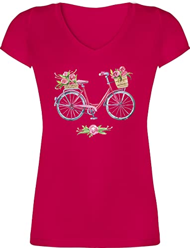 T-Shirt Damen V Ausschnitt - Retro - Vintage Fahrrad Wasserfarbe Blumen - XXL - Fuchsia - Tshirt mit fahrrädern Kunst Bicycle t Shirt Geschenkideen für Fahrradfahrer Fahrrad, t-Shirts von Shirtracer