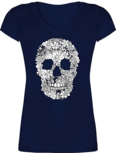 T-Shirt Damen V Ausschnitt - Rockabilly - Totenkopf Blumen Skull Flowers - 3XL - Dunkelblau - Tshirt Totenkopf, Shirts t Shirt t-Shirts mit v-Ausschnitt Neck Oberteil Baumwolle Frauen rockiger von Shirtracer