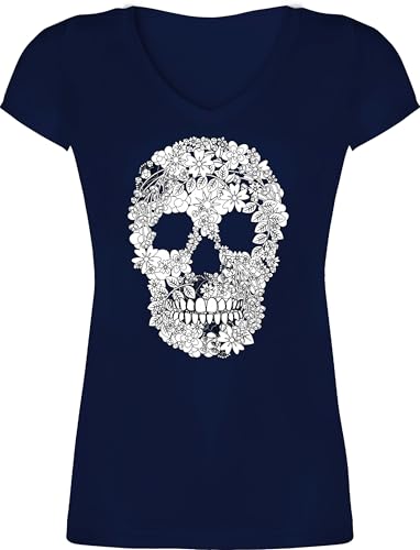 T-Shirt Damen V Ausschnitt - Rockabilly - Totenkopf Blumen Skull Flowers - XS - Dunkelblau - Tshirt Totenkopf, rockiger Shirt mit Piraten Motiven aus blüten Oberteil t-Shirts Shirts Kurzarm von Shirtracer