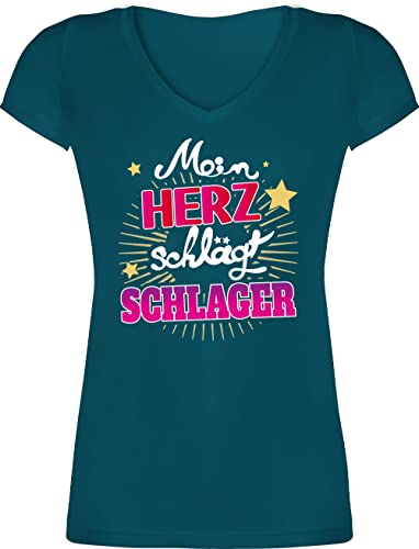 T-Shirt Damen V Ausschnitt - Party Outfit - Mein Herz schlägt Schlager - XXL - Türkis - Shirts für Frauen Tshirt Shirt schlagerparty schlagerfans v-Ausschnitt t Fun-t-Shirts Tshirt. Tshirts von Shirtracer