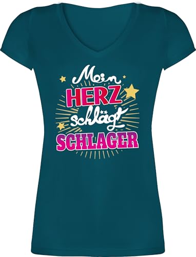 T-Shirt Damen V Ausschnitt - Party Outfit - Mein Herz schlägt Schlager - XS - Türkis - Geschenke für schlagerfans schlageroutfits schlagerparty Malle Shirt Tshirt schlagernacht von Shirtracer