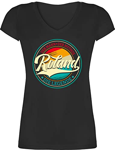 T-Shirt Damen V Ausschnitt - Schlager Party Outfit - Roland der Mann der Mythos die Legende - L - Schwarz - schlagerparty schlageroutfits schlagernacht Tshirt damenschlager t Shirt für schlagerfans von Shirtracer