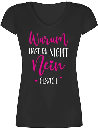 T-Shirt Damen V Ausschnitt - Party Outfit - Warum hast du Nicht Nein gesagt I Schlager Geschenk Schlagerfans - XS - Schwarz - damenschlager t Shirt schlageroutfits schlagerparty t-Shirts von Shirtracer