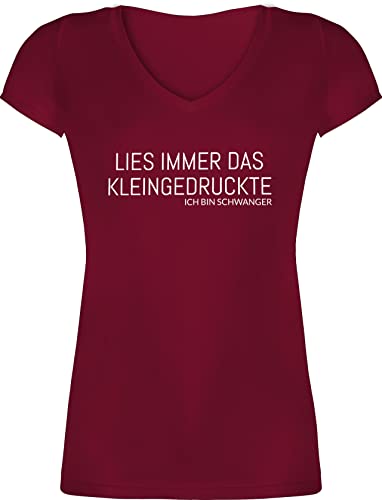 T-Shirt Damen V Ausschnitt - Schwangerschaftsverkündung - Lies Immer das Kleingedruckte Ich Bin schwanger - XL - Bordeauxrot - Baby verkündung t-Shirts Schwangerschaft Tshirt von Shirtracer