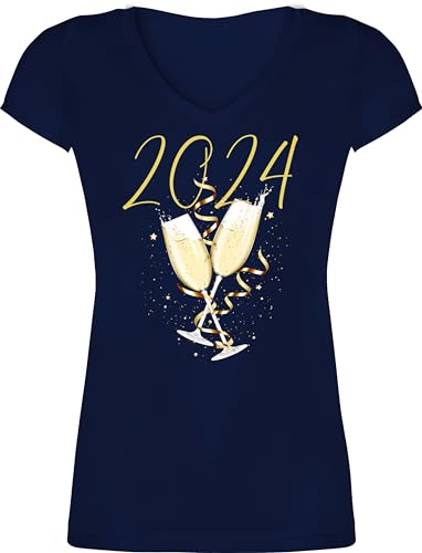 T-Shirt Damen V Ausschnitt - Silvester Erwachsene - Sektgläser 2024 - S - Dunkelblau - Geschenk Tshirt Outfit Shirt,Damen Party Oberteile Enge Oberteil t Silvester+Outfit+Damen Outfits für von Shirtracer