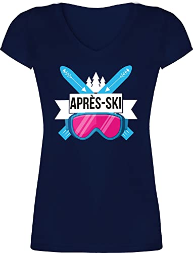 T-Shirt Damen V Ausschnitt - Skiurlaub Apres Ski - Après-Ski mit Brille - L - Dunkelblau - skishirts skioutfit Tshirt Frau Outfit schwarz Skifahrer Shirts après t-Shirts après+ski+Party Tshirts von Shirtracer