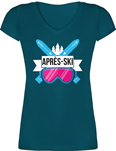 T-Shirt Damen V Ausschnitt - Skiurlaub Apres Ski - Après-Ski mit Brille - S - Türkis - après+ski+Party Shirt Outfit skishirts Mottoparty Tshirt Frau Fasching t Frauen tailliert v-Ausschnitt von Shirtracer