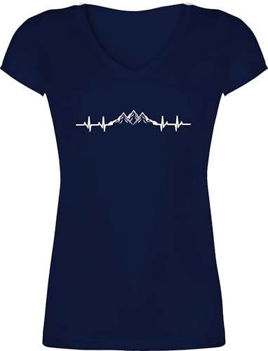 T-Shirt Damen V Ausschnitt - Skiurlaub Apres Ski - Berge Herzschlag I Geschenk Bergliebhaber I Bergliebe - XS - Dunkelblau - Shirt wandern Frau skishirts valemtinstagsgeschenk Berg Shirts skishirt von Shirtracer