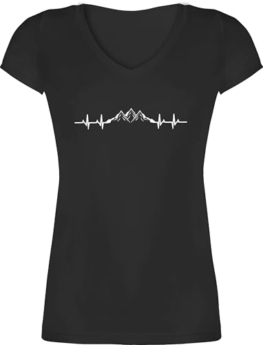 T-Shirt Damen V Ausschnitt - Skiurlaub Apres Ski - Berge Herzschlag I Geschenk Bergliebhaber I Bergliebe - XS - Schwarz - Shirt wandern Frau skishirts valemtinstagsgeschenk Berg Shirts skishirt von Shirtracer