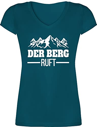 T-Shirt Damen V Ausschnitt - Skiurlaub Apres Ski - Der Berg Ruft - S - Türkis - Hiking Tshirt Frauen Geschenk für Wanderer Apres+ski Mountains Are Calling Shirts Outfit Mottoparty Berge von Shirtracer