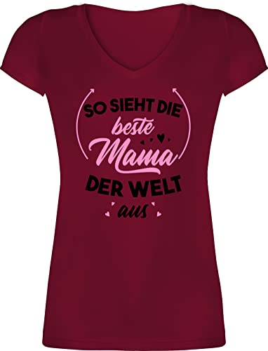 T-Shirt Damen V Ausschnitt - So Sieht die Beste Mama der Welt aus rosa/schwarz - M - Bordeauxrot - Mutter Shirt Mami zum Muttertag Mommy Mutti muttertagsgeschenke mütter schöne Geschenke für von Shirtracer