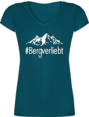 T-Shirt Damen V Ausschnitt - Bergverliebt - weiß - 3XL - Türkis - Geschenke für Wanderer Frauen wandern Shirt Berg verliebt Tshirt t Shirts Tshirts leiberl v-Ausschnitt Neck tischort Kurzarm Frau von Shirtracer