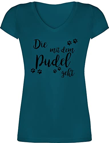 T-Shirt Damen V Ausschnitt - Sprüche Statement - Die mit dem Pudel geht - L - Türkis - Statements Shirt Aufschrift t-Shirts Frauen Spruch Tshirt Frau t Shirts Tshirts Shirt, für Kurzarm von Shirtracer