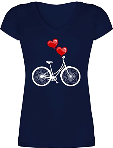 T-Shirt Damen V Ausschnitt - Sprüche Statement - Fahrrad Herz Luftballons - weiß/rot - XS - Dunkelblau - fahrradshirt mit Aufschrift herzl Shirt Frauen Statements fahrradmotiv Tshirts Spruch Motiv von Shirtracer