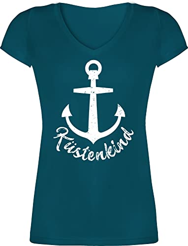 T-Shirt Damen V Ausschnitt - Sprüche Statement - Küstenkind mit Anker - weiß - XXL - Türkis - Aufschrift leiberl Spruch t-Shirts Frauen Shirt Shirts Tshirt Tshirts t-schirt Kurzarm t für von Shirtracer