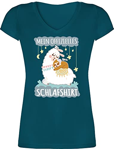 T-Shirt Damen V Ausschnitt - Sprüche Statement - Mein offizielles Schlafshirt - Lama und Faultier - grau - M - Türkis - Statements offizielle Shirt mit Aufschrift Shirts Spruch t-Short Tshirt t von Shirtracer