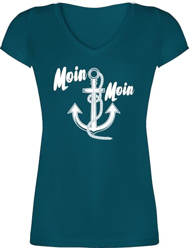 T-Shirt Damen V Ausschnitt - Sprüche Statement - Moin Moin Anker - XL - Türkis - maritimes Shirt Statement-t-Shirt mit Aufschrift moein Tshirt Mode schwarz Statements matrose t-Shirts von Shirtracer