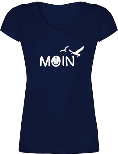 T-Shirt Damen V Ausschnitt - Sprüche Statement - Moin Moin Hamburg Maritime Nordsee Geschenk - XS - Dunkelblau - maritimes Tshirt Statement-t-Shirt mit Aufschrift Boot t-Shirts Shirt Statements von Shirtracer