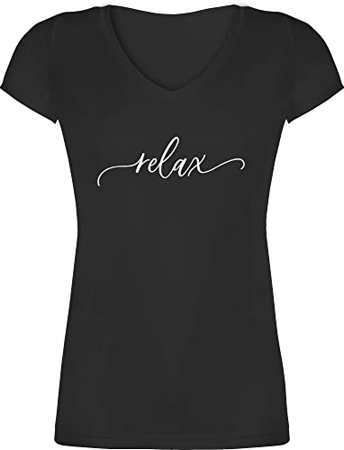 T-Shirt Damen V Ausschnitt - Sprüche Statement - Relax Schriftzug weiß - XS - Schwarz - mit Aufschrift Tshirt Statements Shirt Spruch Shirts t Frauen von Shirtracer