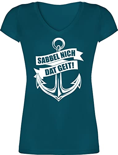 T-Shirt Damen V Ausschnitt - Sprüche Statement - Sabbel nich dat geit! - weiß - L - Türkis - mit Aufschrift das geit Shirt v-Ausschnitt Statements Anker Shirts Spruch Nicht Tshirt leiberl t von Shirtracer