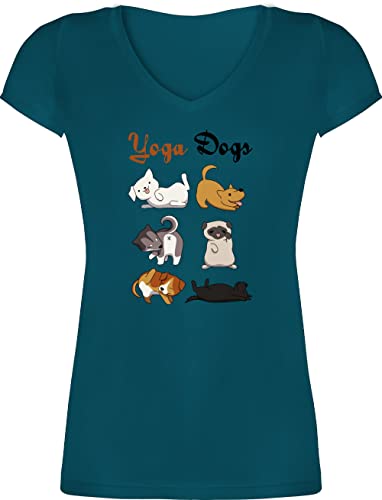 T-Shirt Damen V Ausschnitt - Sprüche Statement - Yoga Dogs - XL - Türkis - Geschenk Hundebesitzer t-Shirts Frauen Kleidung Oberteil Joga Baumwoll Tshirt Bekleidung Oberteile Statements von Shirtracer