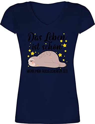 T-Shirt Damen V Ausschnitt - Sprüche Statement mit Spruch - Das Leben ist schön, wenn Man ausgeschlafen ist! - schwarz - L - Dunkelblau - Tshirt sprüchen t-Shirts t Shirts Shirt Tshirts Kurzarm von Shirtracer