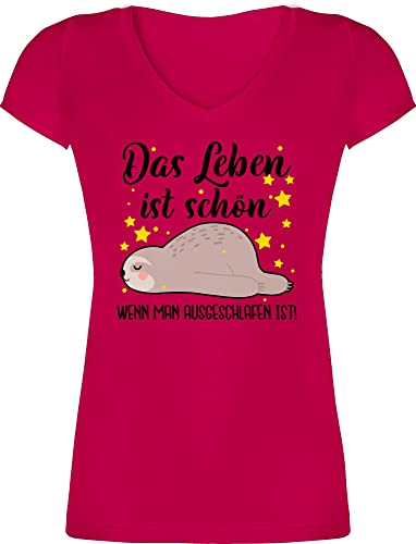 T-Shirt Damen V Ausschnitt - Sprüche Statement mit Spruch - Das Leben ist schön, wenn Man ausgeschlafen ist! - schwarz - L - Fuchsia - Tshirt t Shirts für Shirt Kurzarm Frauen Baumwoll Baumwolle von Shirtracer