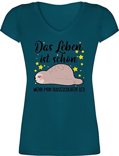 T-Shirt Damen V Ausschnitt - Sprüche Statement mit Spruch - Das Leben ist schön, wenn Man ausgeschlafen ist! - schwarz - L - Türkis - Schlaf schön Shirt Tshirt sprüche, faultier t-schirt von Shirtracer