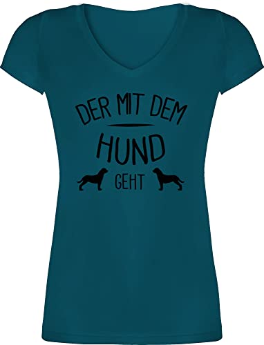 T-Shirt Damen V Ausschnitt - Sprüche Statement Spruch - Der mit dem Hund geht - M - Türkis - Geschenk für Hundebesitzer t Shirt Tshirt hundemotiv t-Shirts auf. sprüchen Shirts hundeshirt von Shirtracer