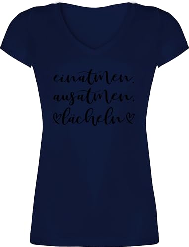 T-Shirt Damen V Ausschnitt - Sprüche Statement mit Spruch - Einatmen Ausatmen Lächeln - XS - Dunkelblau - Tshirt Motivation lustige+sprüche+für+t-Shirts sprueche Inhale t-Shirts Shirt von Shirtracer