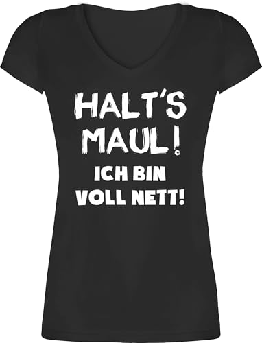 T-Shirt Damen V Ausschnitt - Sprüche Statement mit Spruch - Halt's Maul ich Bin voll nett - XS - Schwarz - Sarkasmus Tshirt lustige+sprüche+für+t-Shirts sprueche sarkastisch t-Shirts von Shirtracer